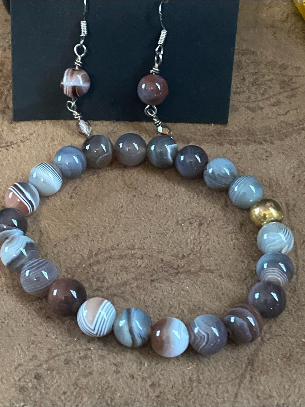 Handmade Botswana Agate Stretch Bracelet & dangle earrings gray, brown, pinkish